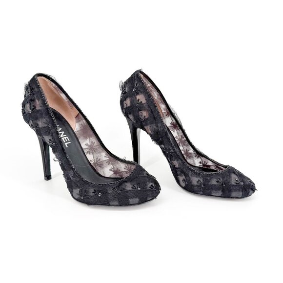 Chanel CC Bead-Embellished Pumps Black Mesh Lace Heels Size 38.5 US 7.5-8 - Picture 1 of 16